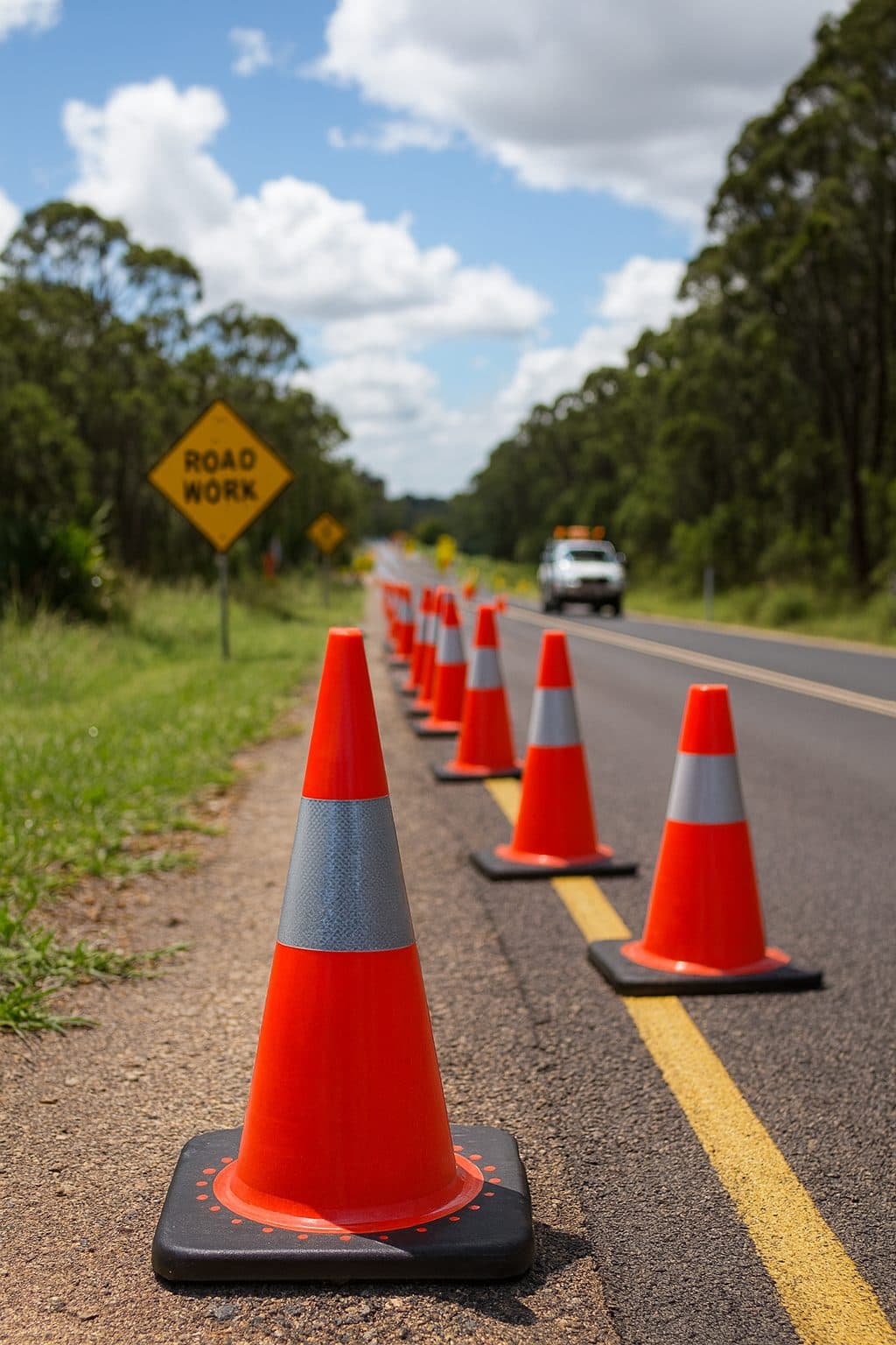 Traffic cones lining a road lane