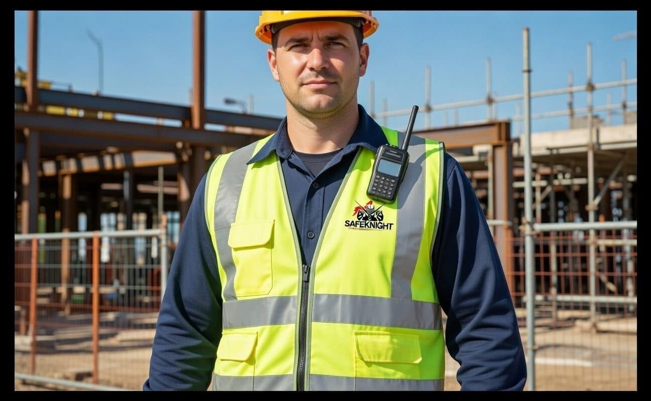 Security officer in hi-vis on an active construction site