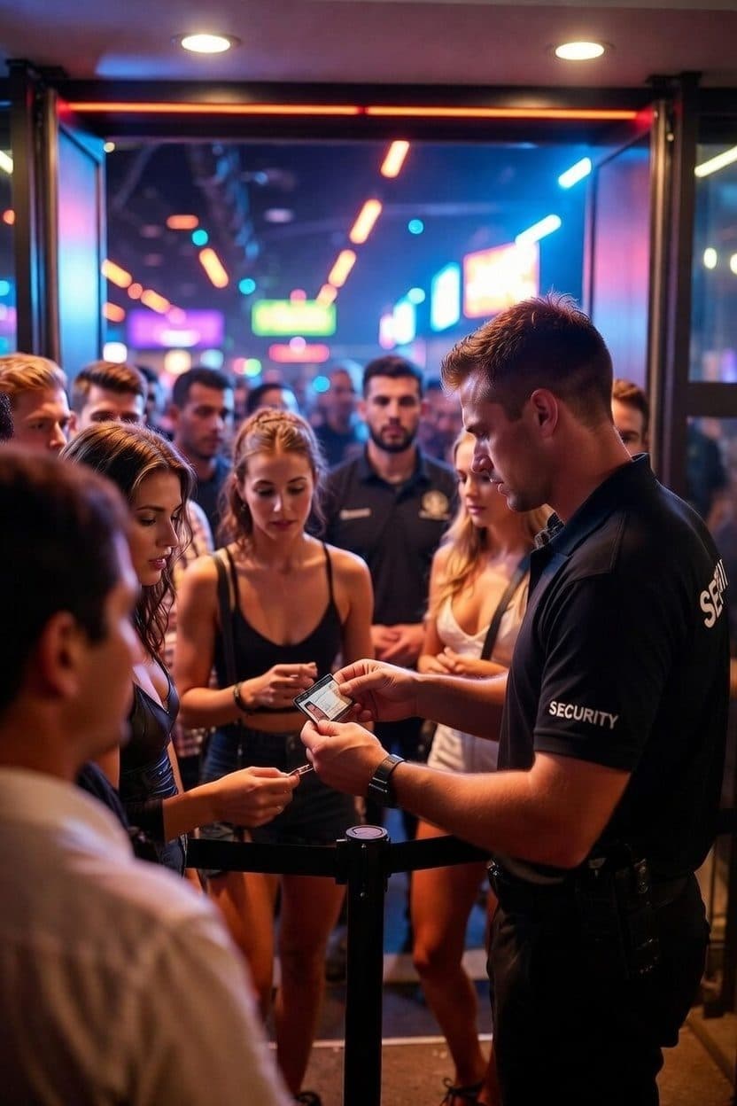 Security officer checking patrons at a nightclub entry