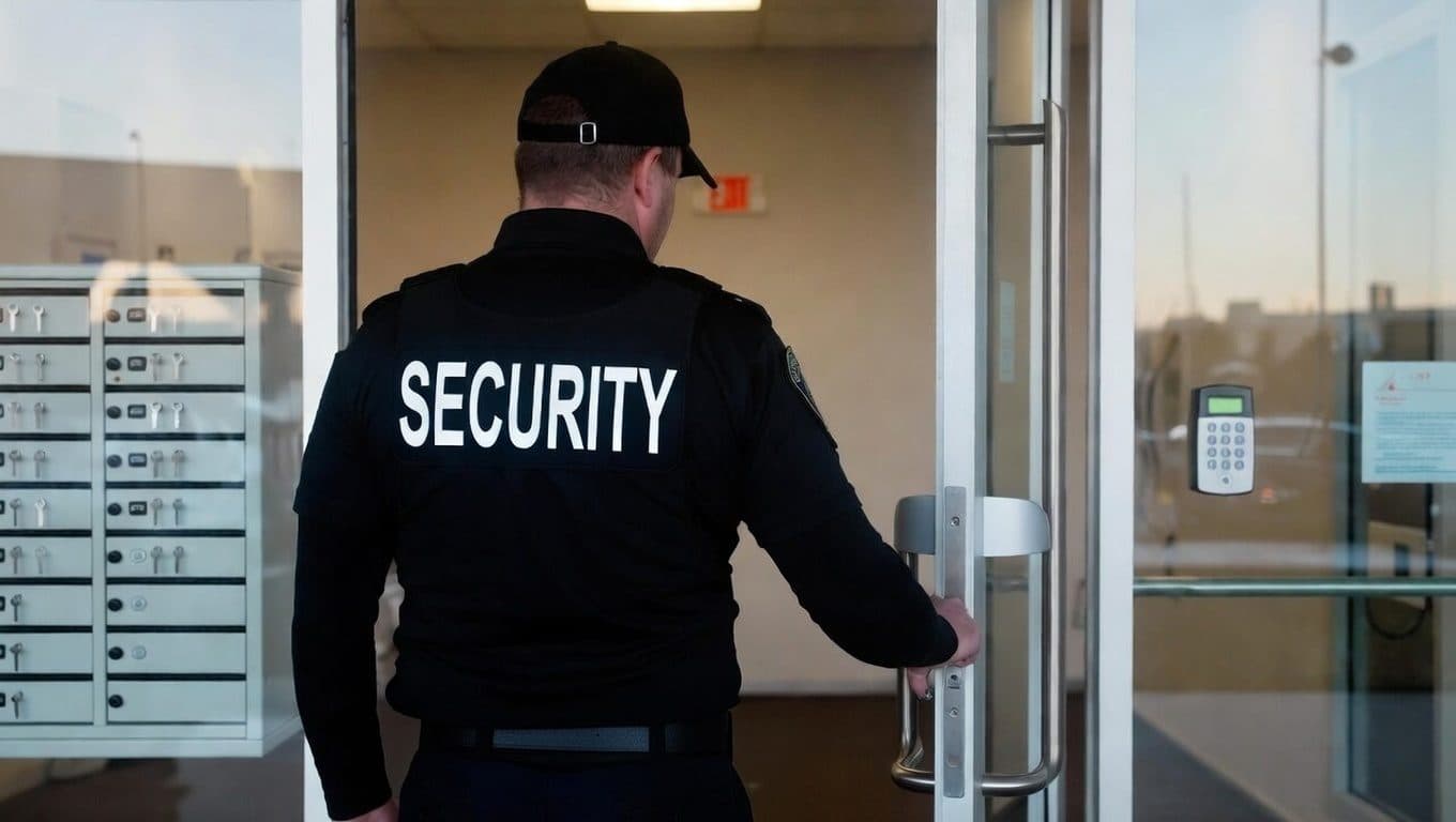 Patrol officer checking a locked commercial door at night