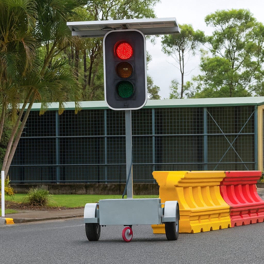 Trailer-mounted portable traffic lights at a worksite