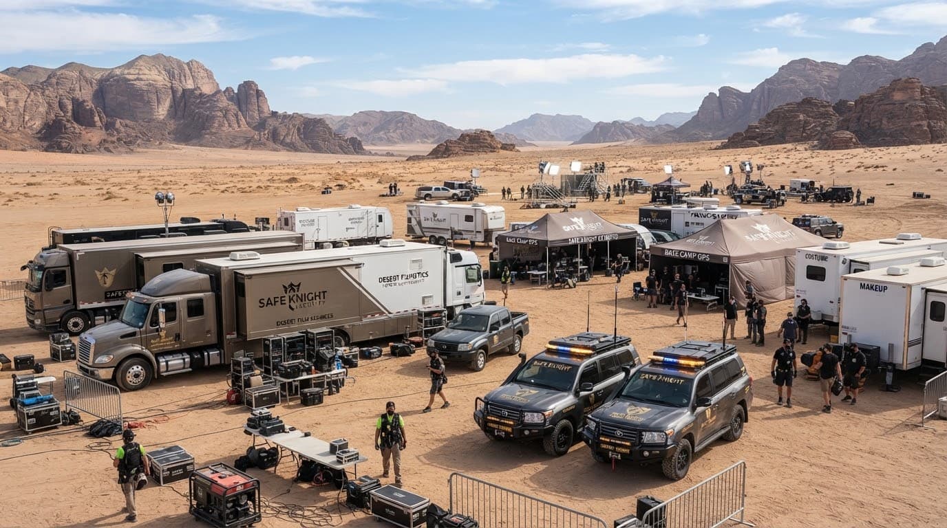 Production vehicles staged at a remote base camp