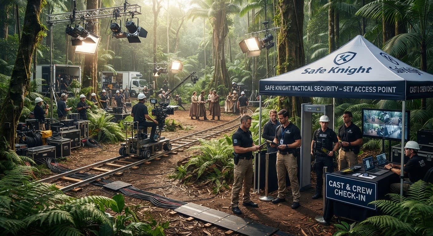 Film crew and equipment staged at an outdoor location